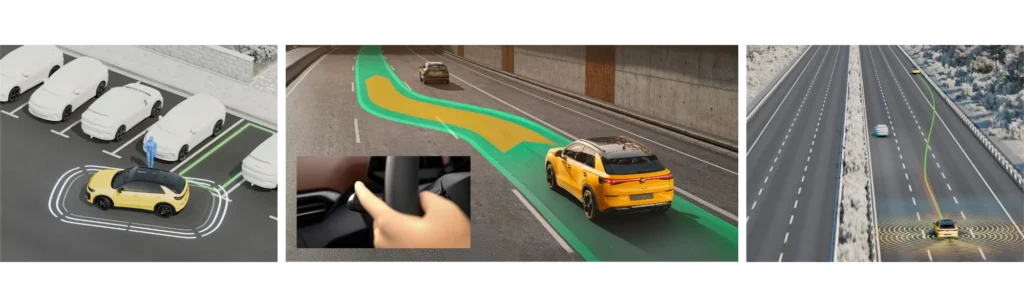 VW T-Roc 2025 mit Fahrerassistenzsystemen: automatisches Einparken, Travel Assist und Spurwechselhilfe.