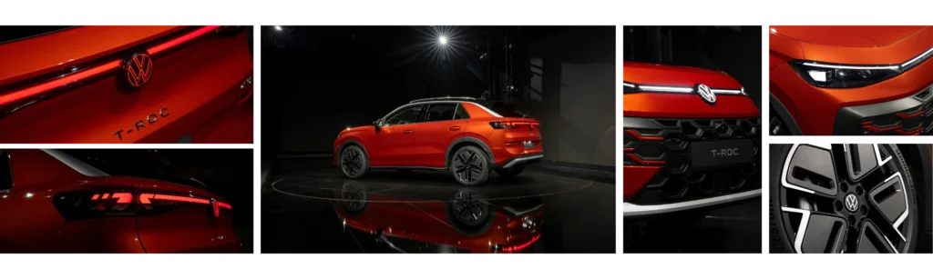 Exterieur-Details des VW T-Roc 2025 in Flamed Red: Frontleiste, LED-Scheinwerfer, Heckleuchten und Leichtmetallräder.