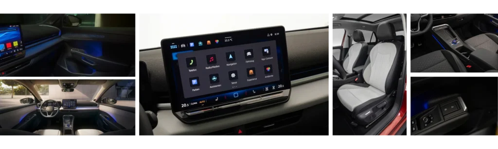 Innenraum des neuen VW T-Roc 2025 mit 12,9-Zoll-Touchdisplay, Ambientebeleuchtung, ergonomischen Sitzen und hochwertiger Mittelkonsole.